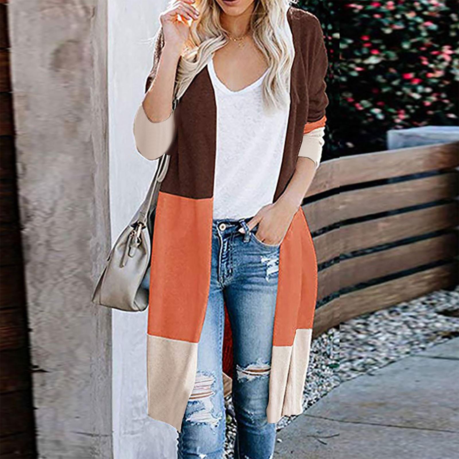 

Женский цветной полосатый карман с длинным рукавом, повседневная вязаная верхняя одежда, кардиган, свитер L кофейный