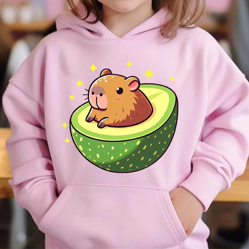 Cute Capybara Loves Bubble Tea Children's Hoodie Pink Autumn and Winter Girl's Top