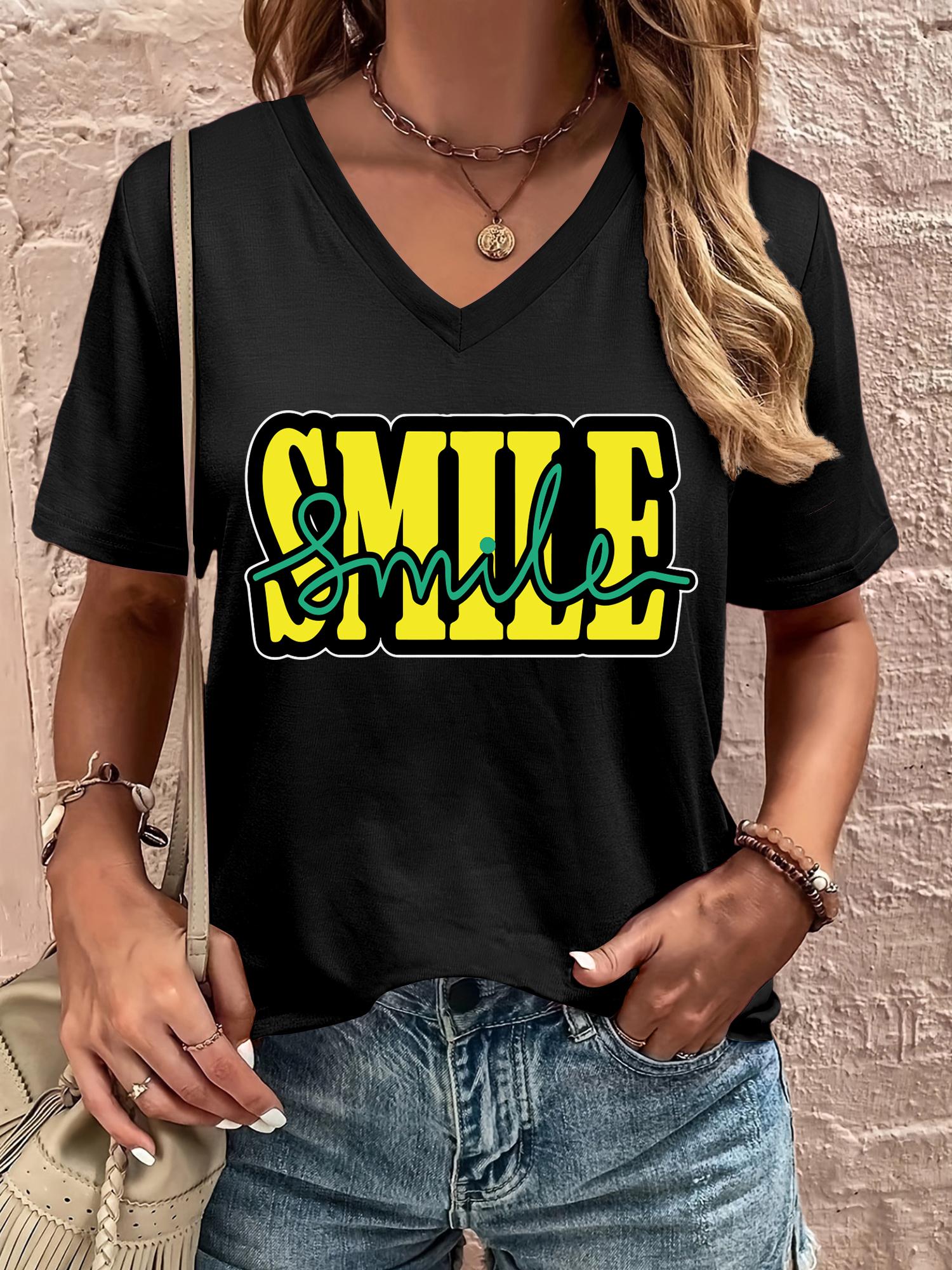 SMILE Colorful Letter Print V-Neck T-Shirt, Women s Positive Casual Short Sleeve Top S