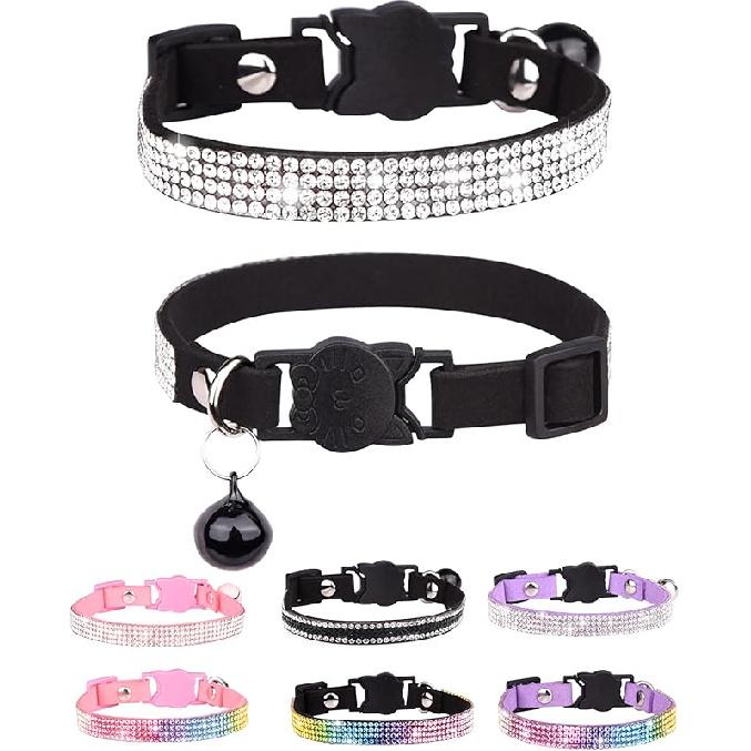 Cat Collars for Girl Cats with Rhinestone Soft Velvet,Breakaway Cat Collars with Bell,Adjustable Safe Kitten Collar (Pink)