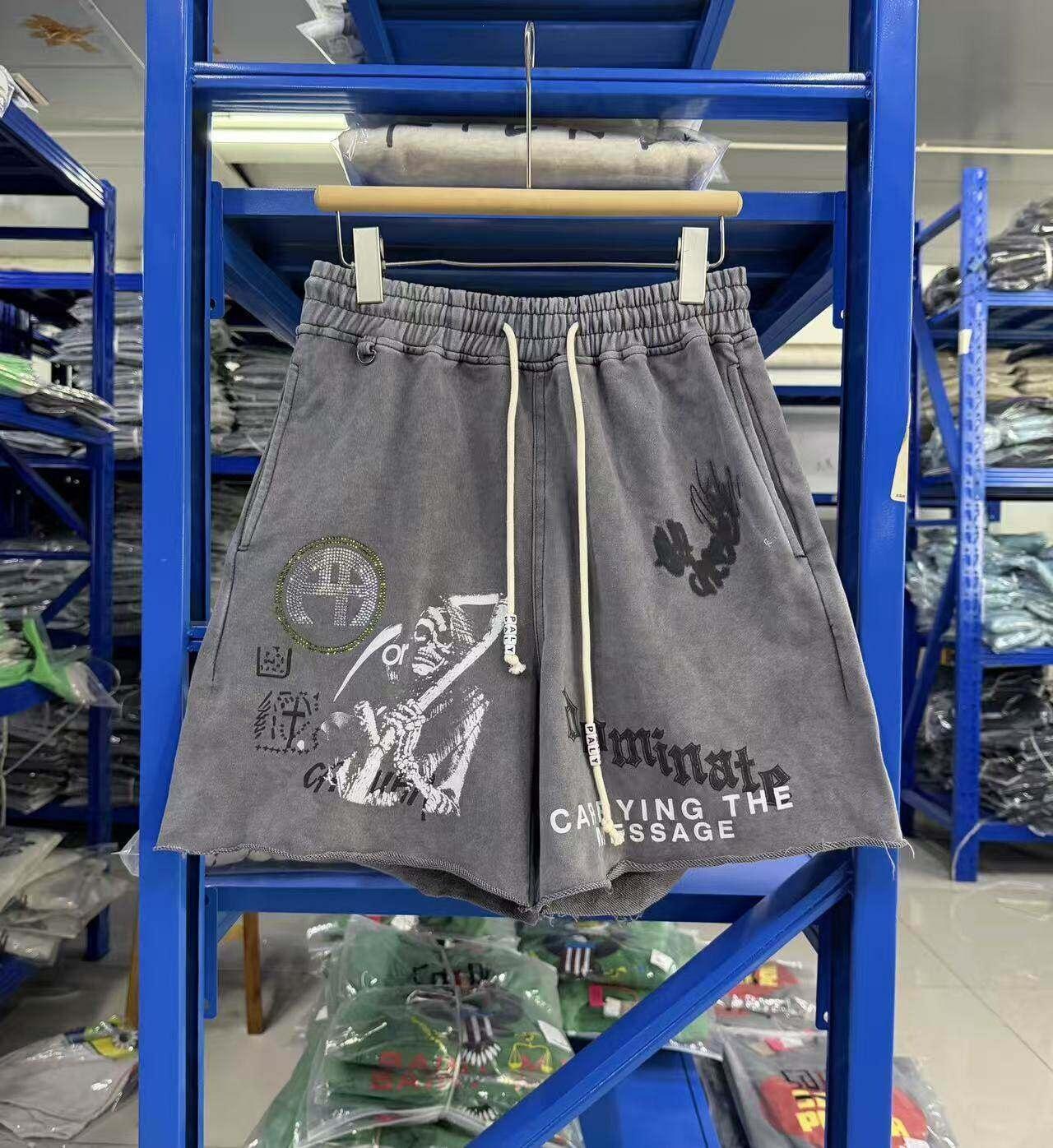 Paly Hollywood Retro Street Heiße Diamantbedruckte Fünf-Punkt-Hose Locker Gewaschen Alt Aufgerollt Herren- und Damen-Shorts XL graue