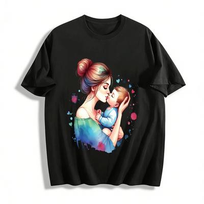 Mother And Baby Kissing Print Casual Adult Top Pure Cotton T-shirt