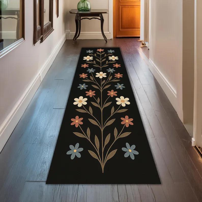 Бохо цветочный ковер-дорожка Черный ковер для прихожей Красочный ковер для декора пола в прихожей и на кухне Винтажный зеленый цветочный декор в стиле коттеджкор 40X60CM