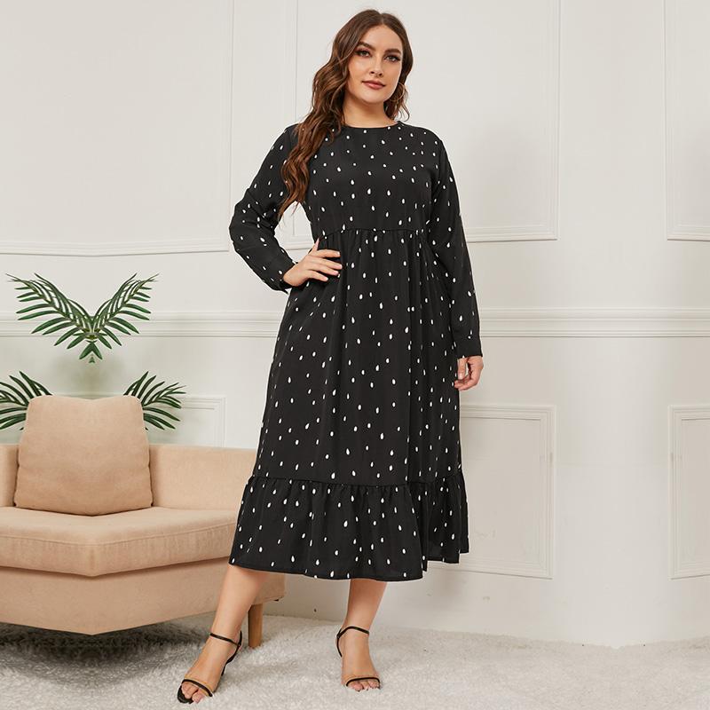 

Осень-зима женское свободное длинное платье с длинным рукавом с круглым вырезом и высокой талией в горошек L-4XL 4XL чёрный