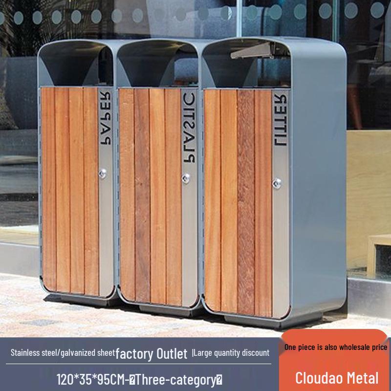 Large Outdoor Stainless Steel Trash Can with Three or Four Compartments for Streets, Parks, and Communities