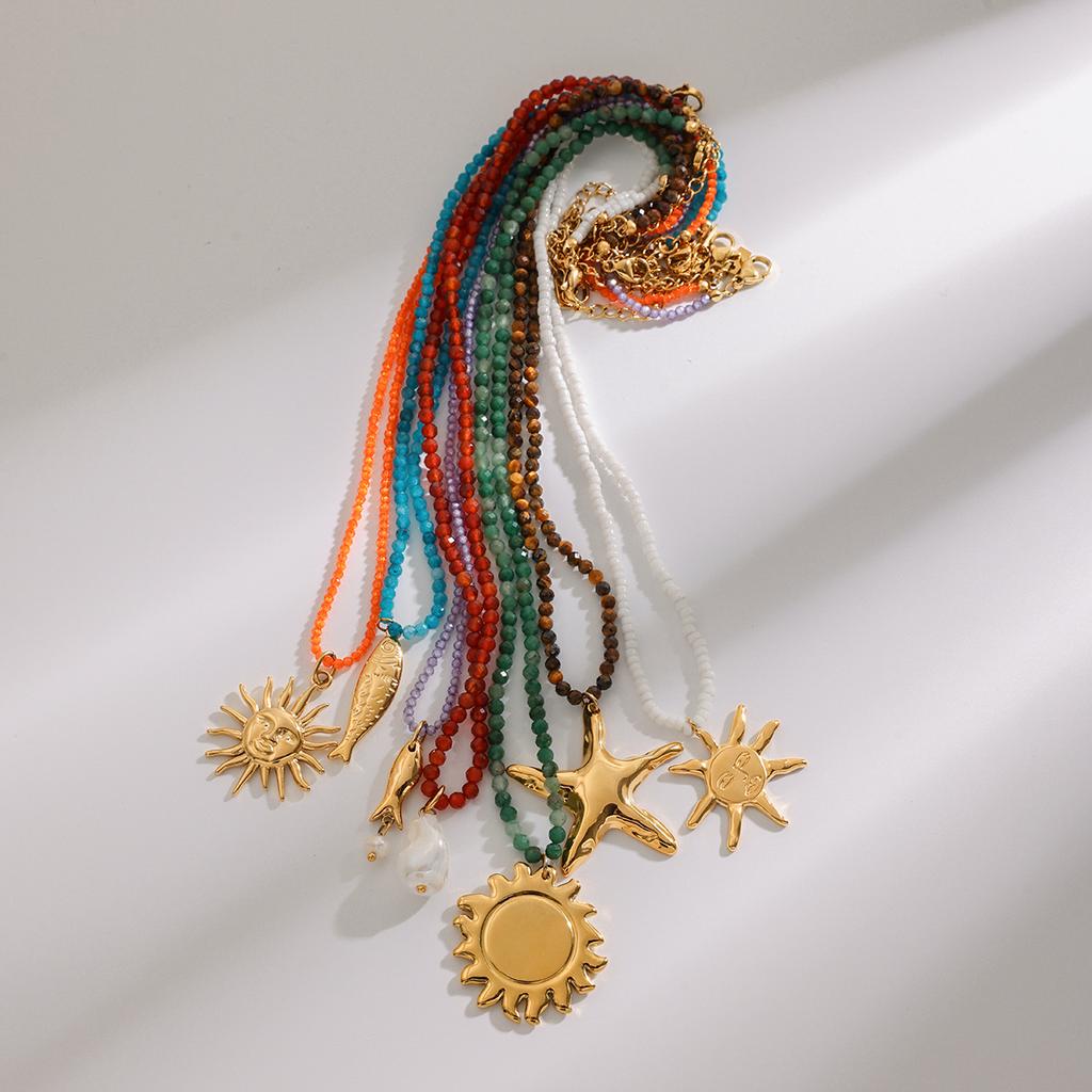 Uworld Beach Ocean Vacation Style 18K Gold Color Stainless Steel Sun Starfish Pendant Necklace Natural Stone Bead Necklace Women