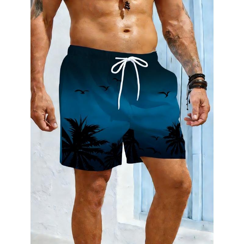 Neue Herren-Sport-Badeshorts, Kokospalmenmuster rot und pink, für lässige Strandurlaube, Kordelzug am Bund