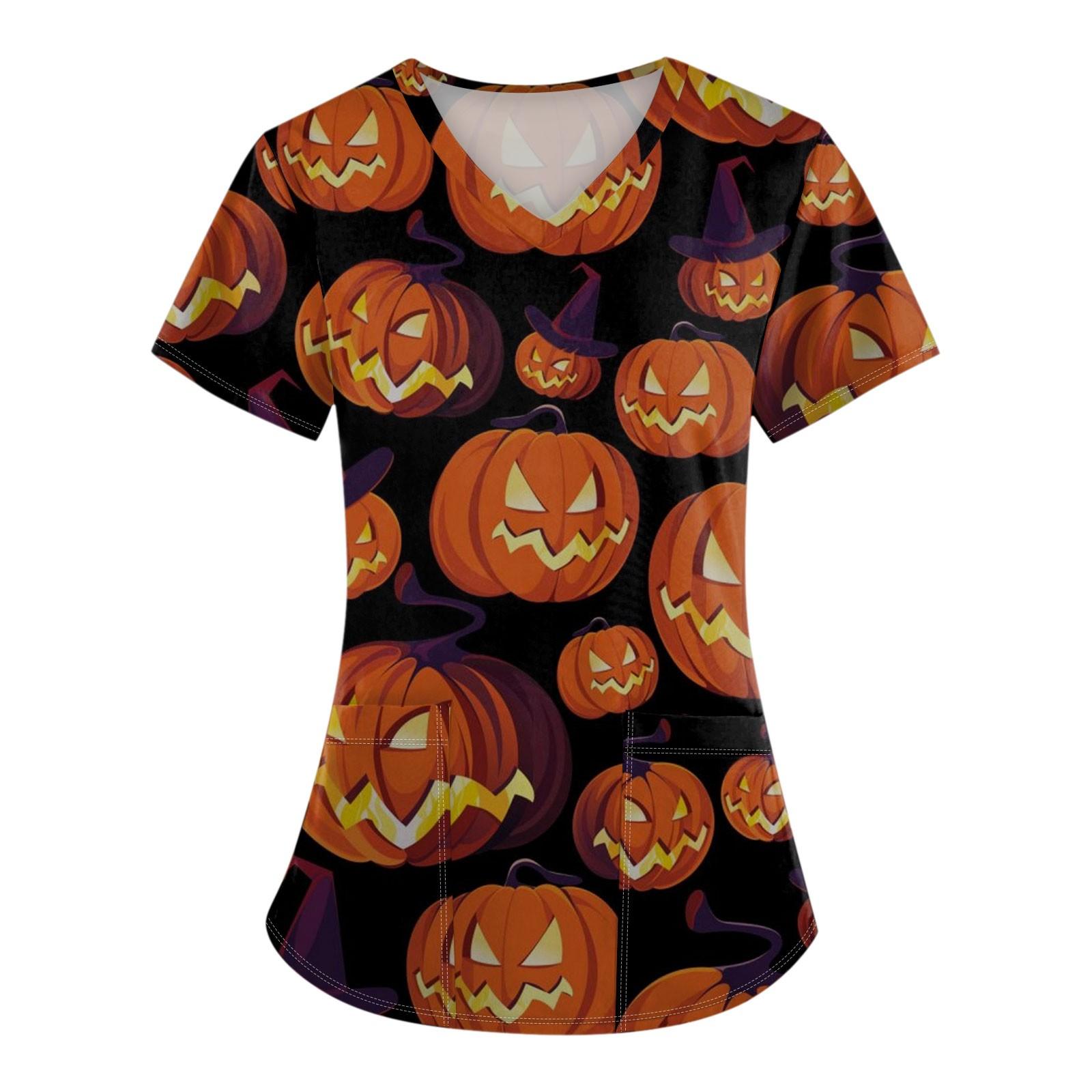 Женская униформа с коротким рукавом и принтом на Хэллоуин с V-образным вырезом и карманом — фото 6