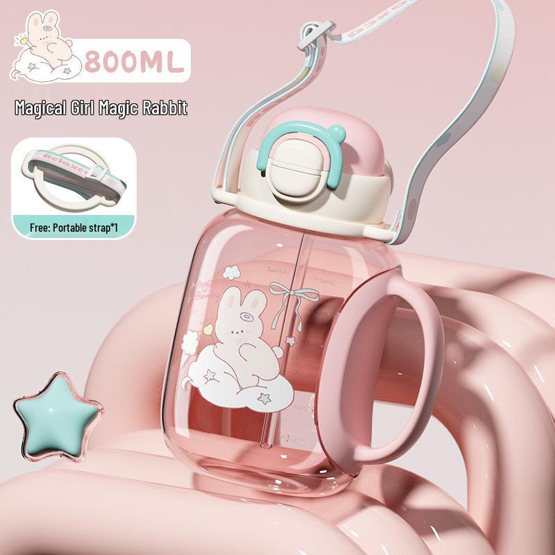 Large Capacity Kids Cute Cartoon Straw Water Cup, Drop-Proof Flip-Top for Kindergarten & Students 800ml