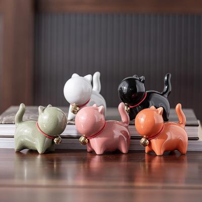 A Small Chinese-style Cute Cat Tea Pet Figurine with a Ceramic Cat Brush Stand