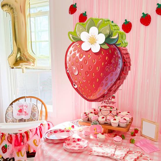 Strawberry Pinata Red Berry Pinata with Blindfold Bat Confetti Summer Fruit Themed Birthday Party Decoration for Kids Baby Shower Supplies