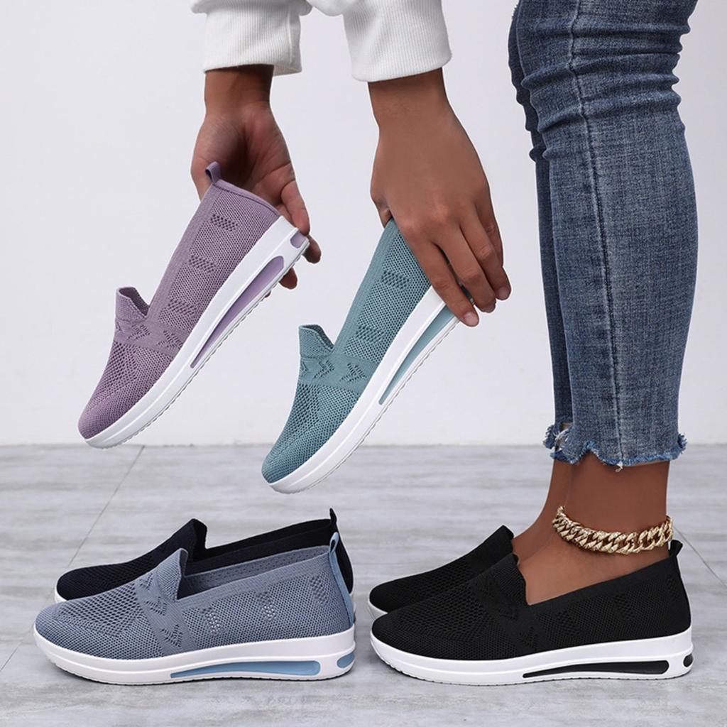 Women's Summer Flying Woven Breathable Casual Shoes, One Foot Shoes, Lightweight Walking Shoes, Solid Color Versatile Single Shoes