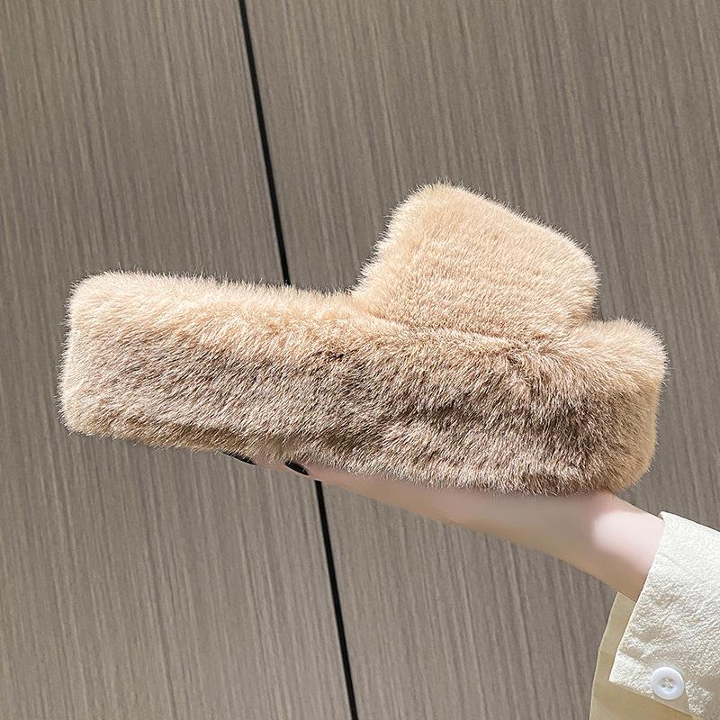 Height-increasing thick-soled fluffy slippers women's autumn and winter outer wear fluffy shoes one-word ins home home plush drag spring and summer