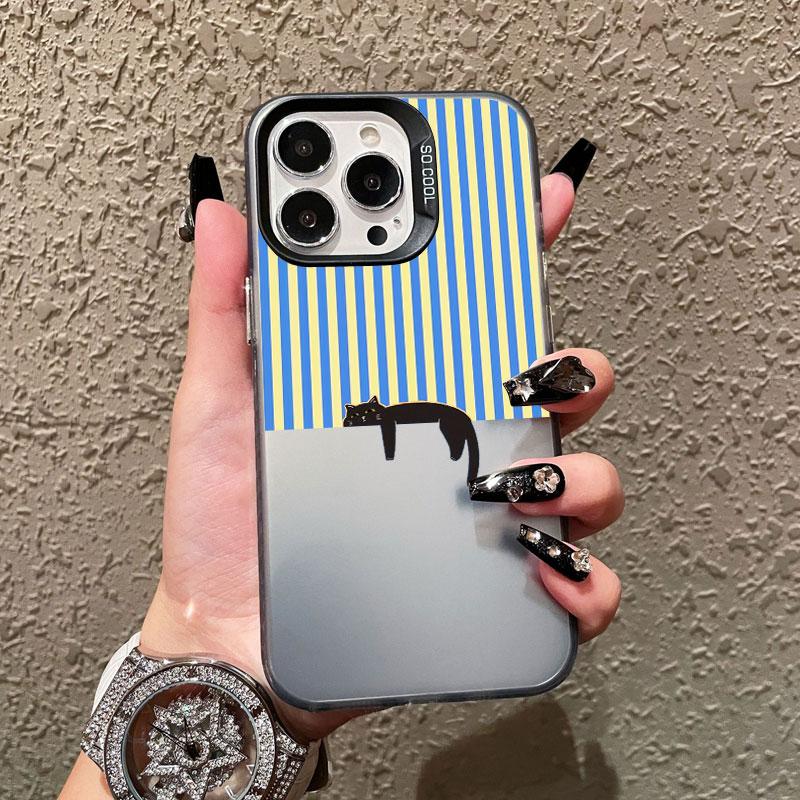 Artistic Black Cat Striped Pattern Laser Phone Case For iPhone 17 15 14 Pro Max Plus 17 Air 16 13 12 Mini 11 Pro Max Cover Funda