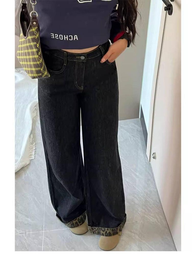 2026 Spring/Summer American Retro Leopard Print Patchwork Wide-Leg High-Waisted Women's Cuffed Jeans