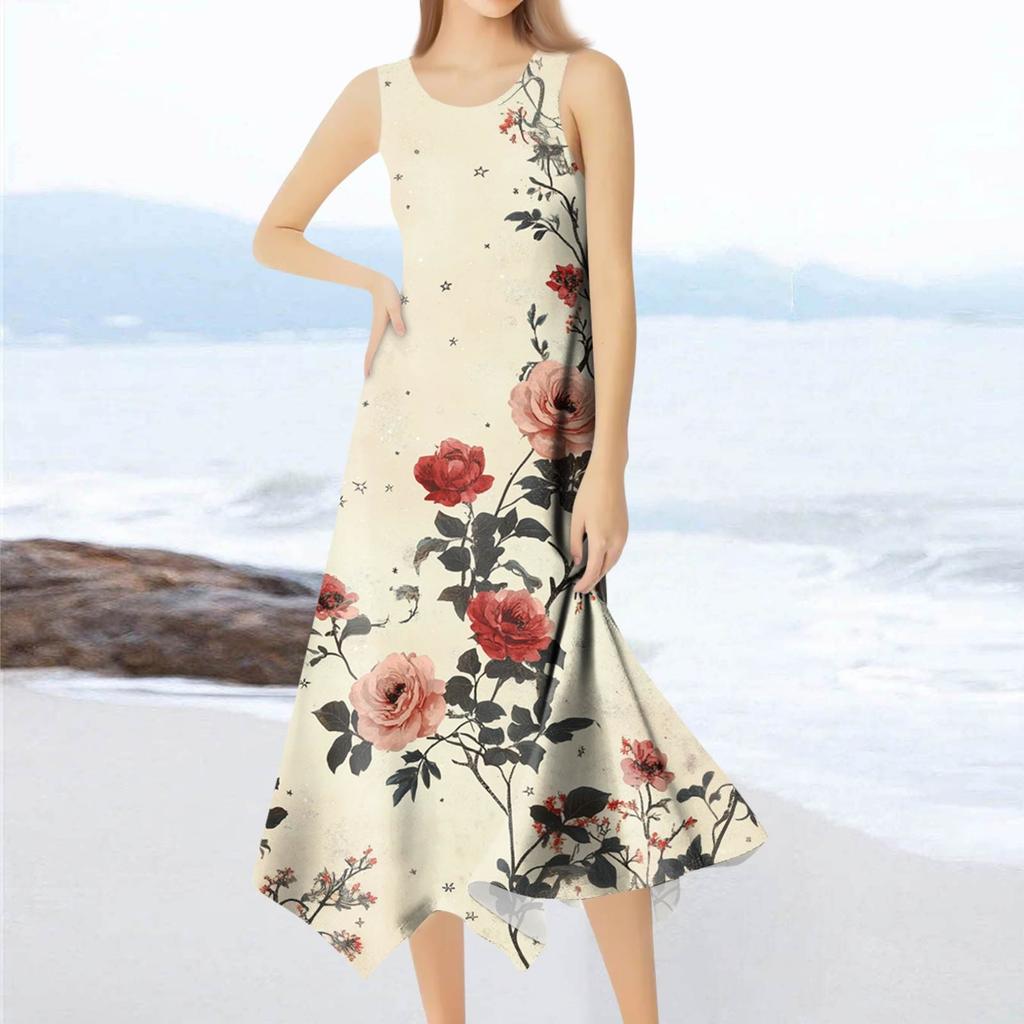 Lässiges, modisches Damen-Midikleid mit Rundhalsausschnitt, ärmellos, Blumendruck, unregelmäßiger Saum