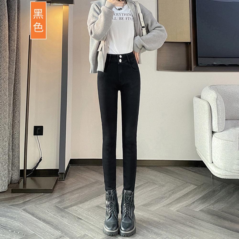 Versatile high-waisted double-buckle small-footed jeans for women, autumn and winter, small high-waisted personality, tight-fitting pencil jeans