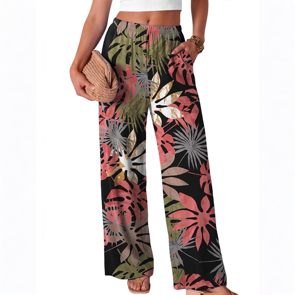 Women Loose Fit Wide Leg Trousers Casual High Waist Elastic Waistband Printed Long Pants for Everyday Wear