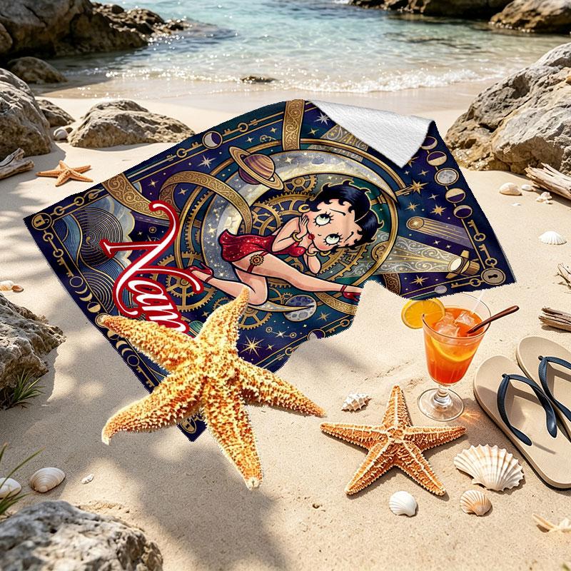 Custom Name Personalized Betty Boop Print Beach Towel, for Trip Camping Beach Party Home Decor, Birthday Gift for Family & Friends
