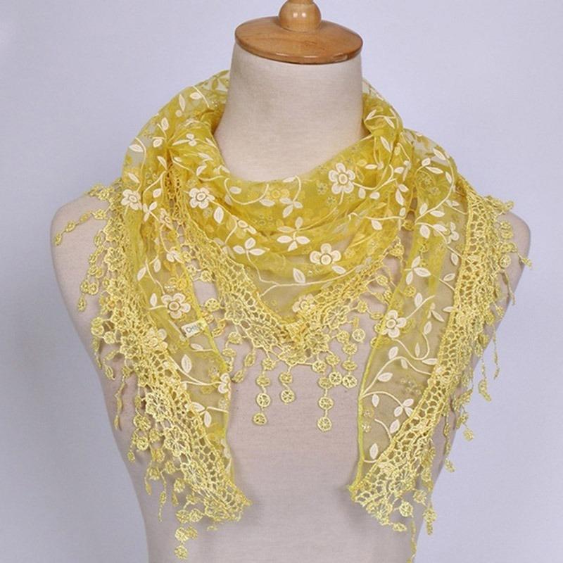 

1Pc Women Fashion Triangle Tassel Wrap Lady Shawl Lace Sheer Floral Print Scarf Scarves For Women Drop Shipping жёлтый