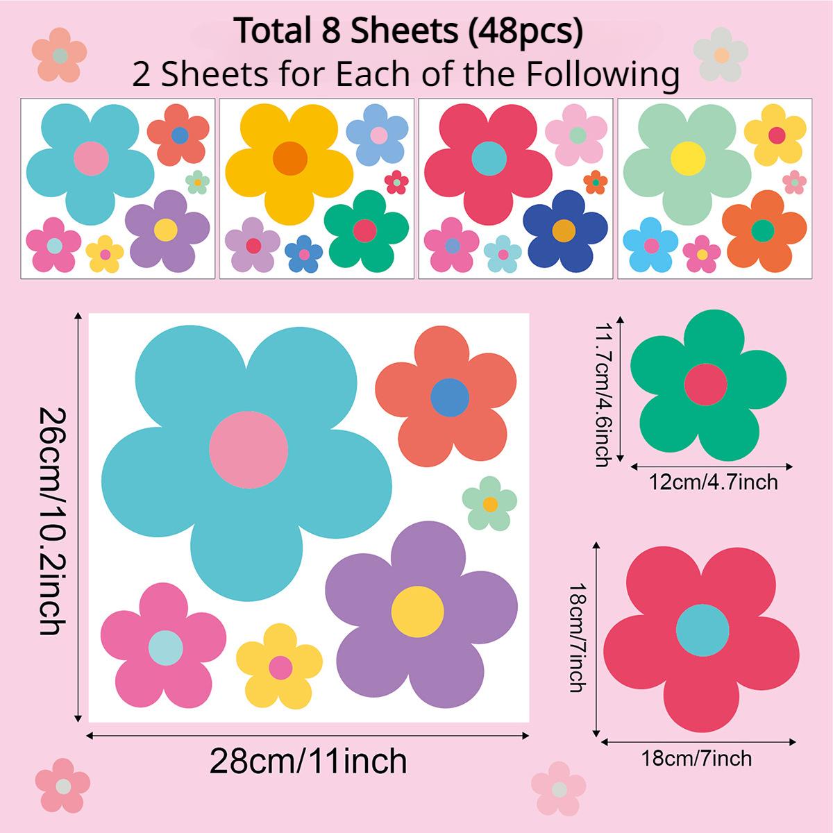 

48pcs Colorful Flowers Pattern Wall Stickers Living Room Porch Bedroom Bathroom DIY Home Decoration Waterproof Glass Decals (as the picture,28x26CMx8pcs)