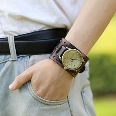 Ceas de mână cu brățară pentru bărbați, cu cuarț, din piele artificială, de epocă