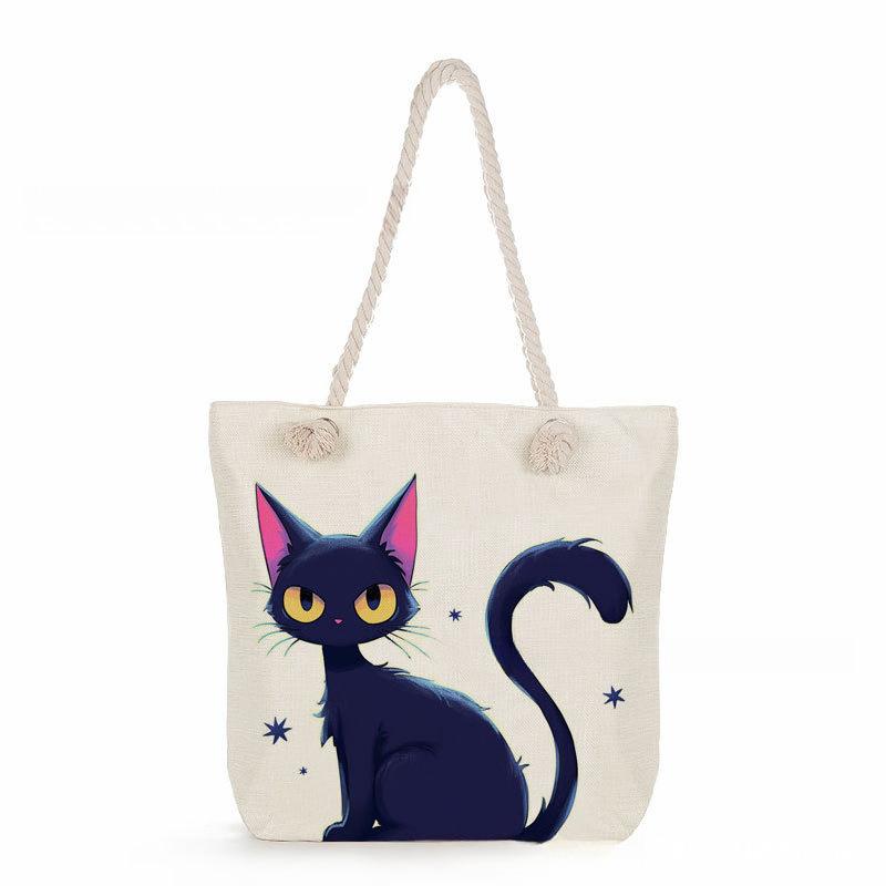 Black cat print thick rope single-shoulder beach bag 7364 KTB