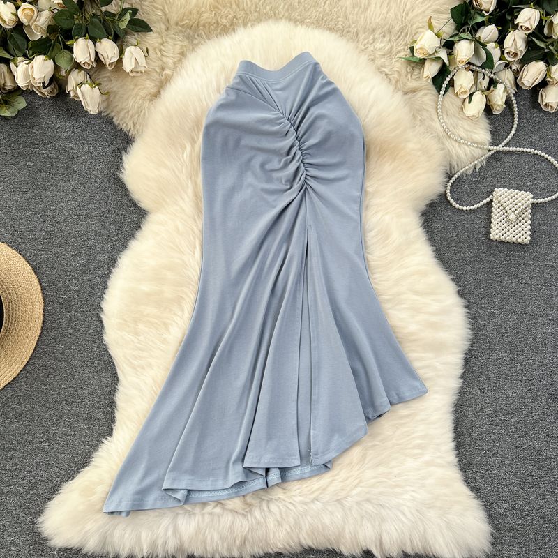 

Spring/Summer Stylish Ruched Asymmetrical Sheath Skirt Light blue All yards