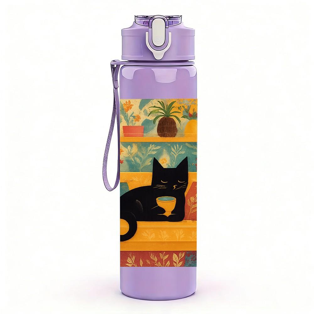 1PC Black Cat Color Block Frame 750ml Color Plastic Sports Water Bottle Leakproof Flip Straw Lid For Sports Office Home Use