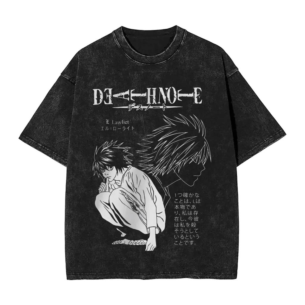 L Lawliet Graphic Print T-Shirts Manga DEATH NOTE T Shirts Washed Oversize Tshirt Short Sleeve Cotton Tee Casual Loose Clothes