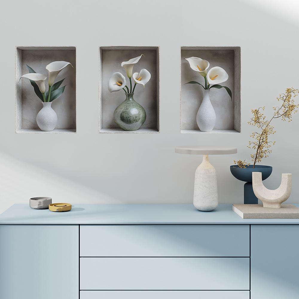 3 Pcs Art Simulation Flowers Vase Bedroom Living Room Home Background Beautification Wall Stickers