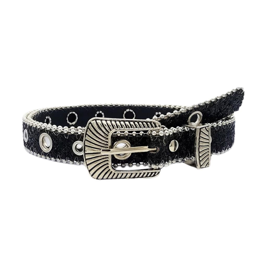 Blingbling Sequined Belt Aesthetic Big Eyelet Belt Gothic Pants Belt Girl PU Waistband Female Western Cowboy Waiststrap