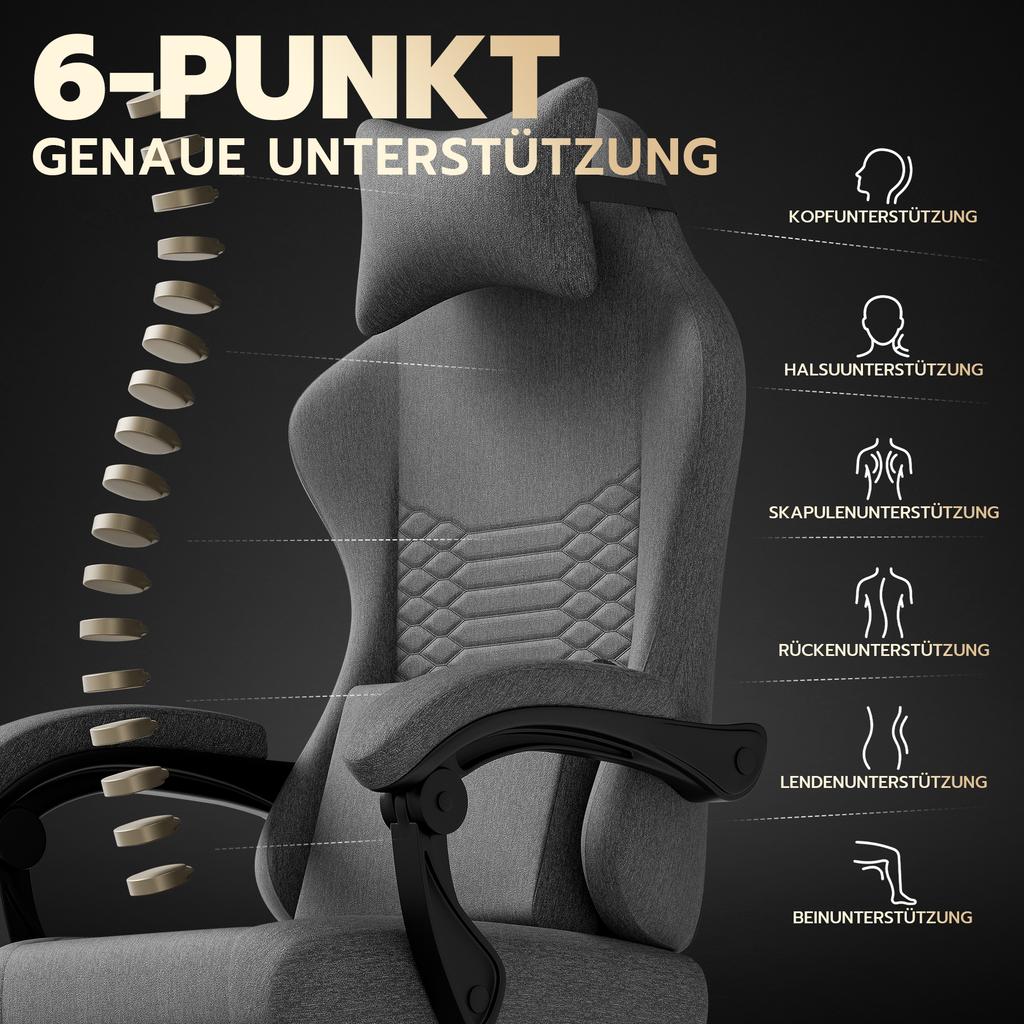 Gaming Chair Fabric Office Chair, Massage Gaming Chair with Headrest, Ergonomic Racing Gaming Seat with Footrest (dark grey)