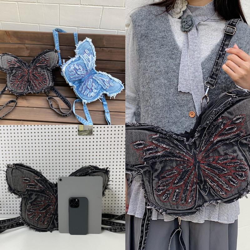 Borsa a Spalla Urbana in Denim con Ricamo a Farfalla e Pochette con Cerniera per Uso Quotidiano