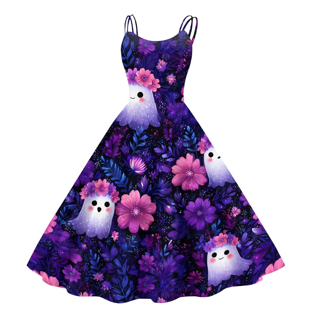 Women's Halloween Printed Off Shoulder Punk Vintage Dress Sleeveless Spaghetti Strap A-Line Midi Dress with Floral and Spider Web Pattern