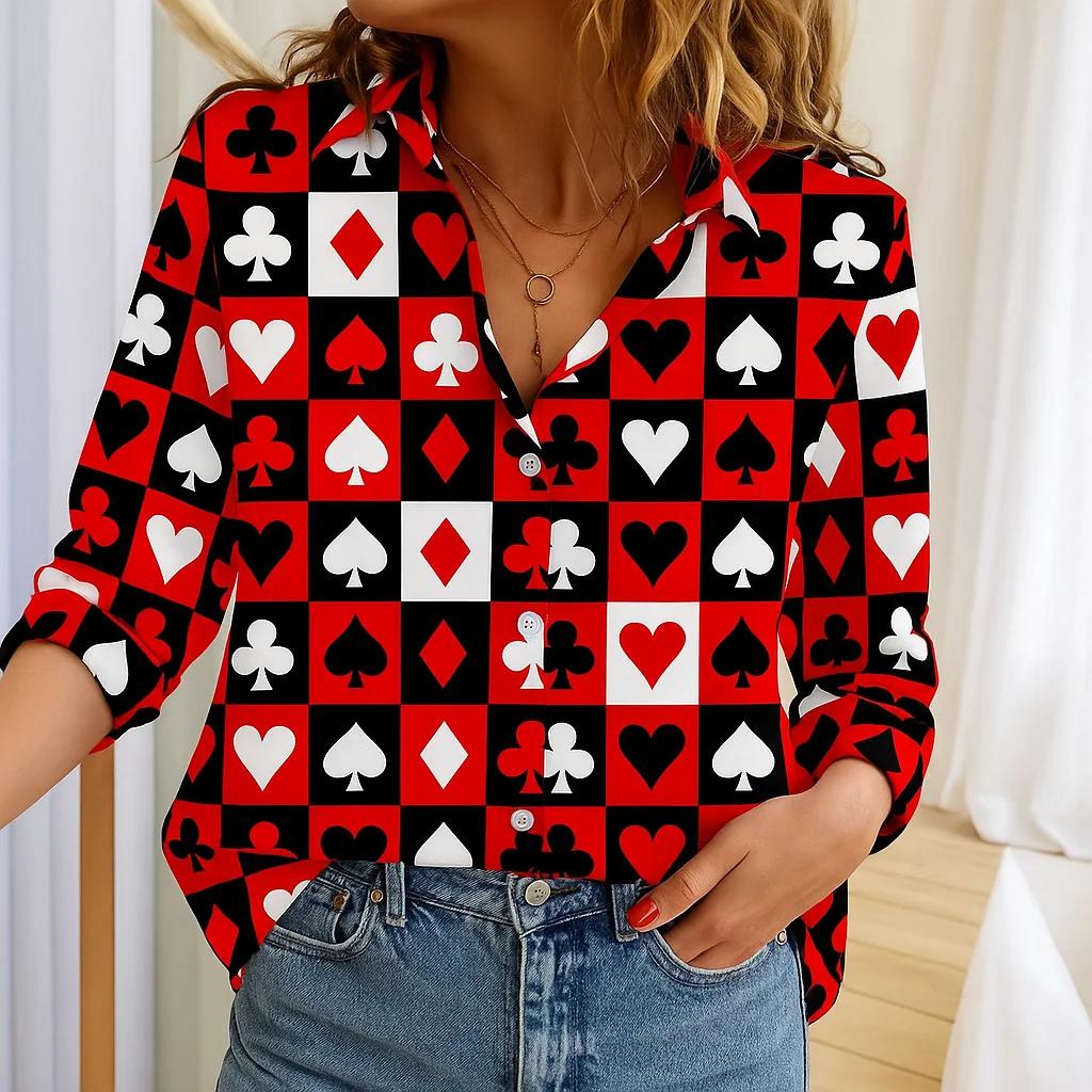 Women Poker Pattern Long Sleeve O-Neck Shirt Fashion New Personalized Blouse Casual Autumn Winter Shirt Female Tops Spring