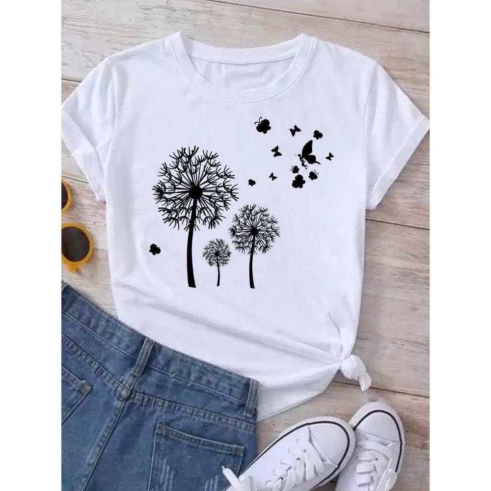 Dandelion graphic printing T-shirt women's summer short-sleeved round neck casual fashion streetwear top