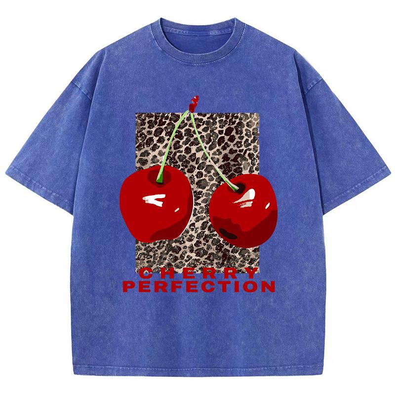 Cherry Perfection Washed T Shirt Women Cotton Leopard Prints Oversize Tops Vintage Black O-Neck T-Shirts Summer Woman Clothes