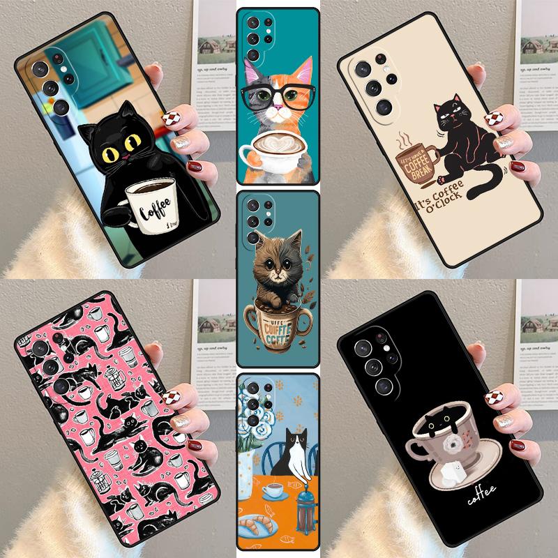 Cute Animal Cat Coffee Phone Case For Samsung Galaxy S25 S23 S30 S21 S20 FE S24 S22 Ultra Note 10 20 Plus Silicone Cover lite