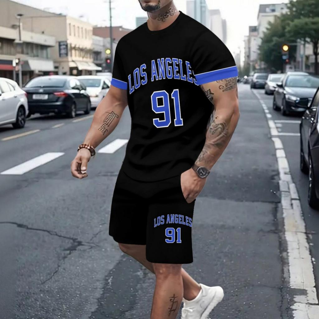 Men's Suit Casual Round-neck Short-sleeved Pullover T-shirt with Print Sporty Casual Pants Set