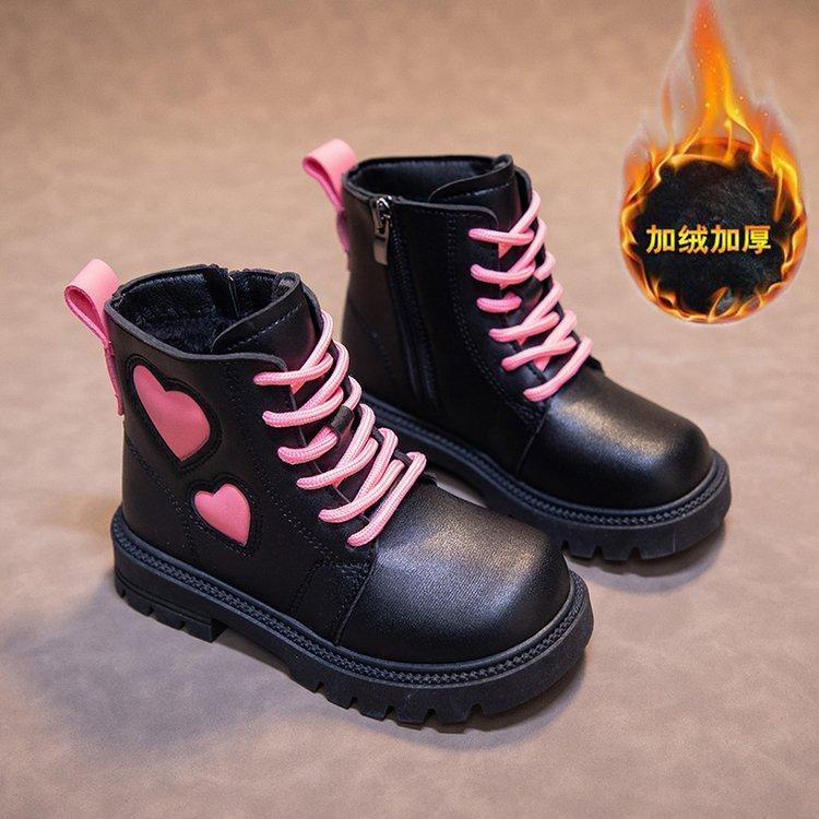 Girls Fashion Boots Kids Rubber Leather Boots Autumn and Winter Cotton Soft Sole Pink with Love Side Zip Children Princess Boots
