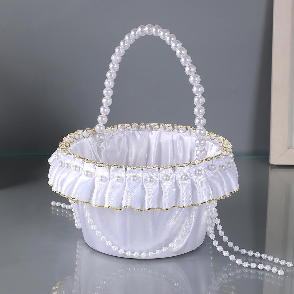 European White Pearl Flower Girl Basket – Satin Trim for Wedding Petals