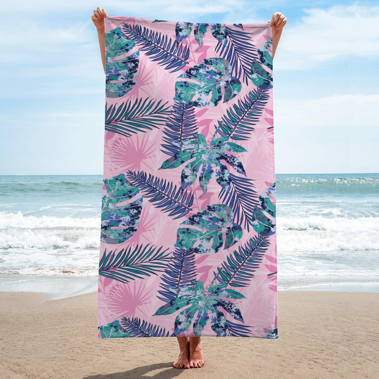 

Pink Blue Tropical Monstera Beach Towel with Storage Bag Extra Large Quick Dry Microfiber Sand Free for Pool Travel W40*H60(CM)