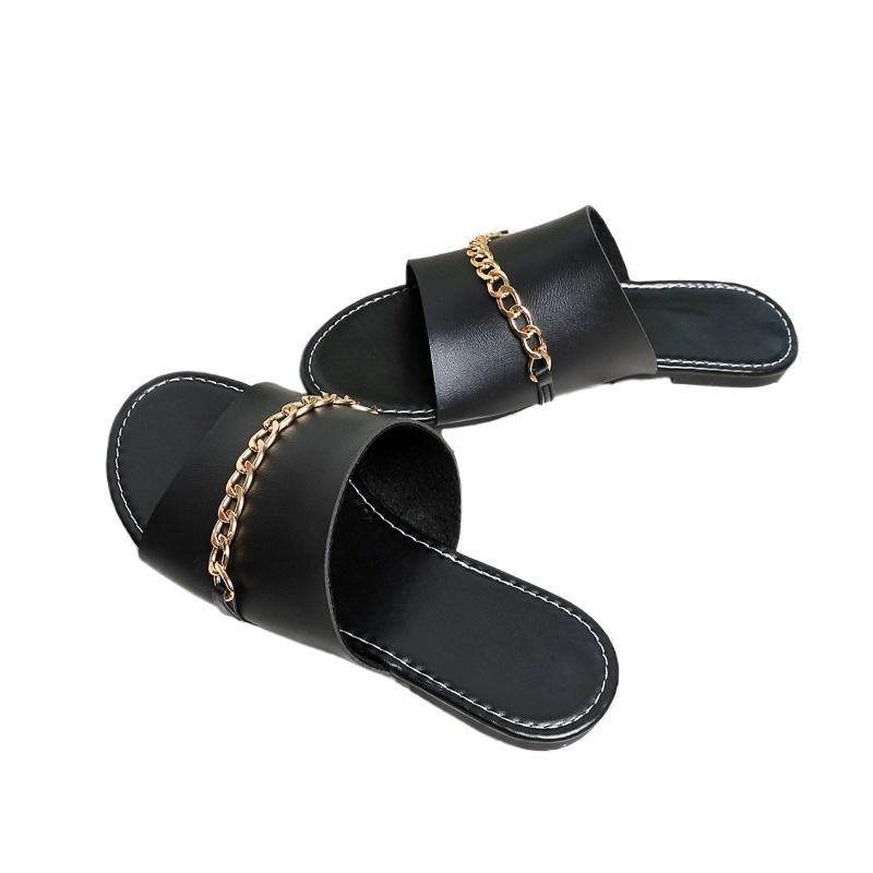 Fashion Plus Size 2025 Summer Open Toe Women’s Slippers Outdoor Chain Low Heel Solid Sandal for Daily Beach Comfortable Slippers Zapatos