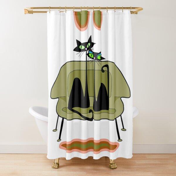 Mid Century Meow Shower Curtain Retro Atomic Cats Shower Curtain Kitty Animal Vintage Bathroom Decor Fabric Curtain With Hooks