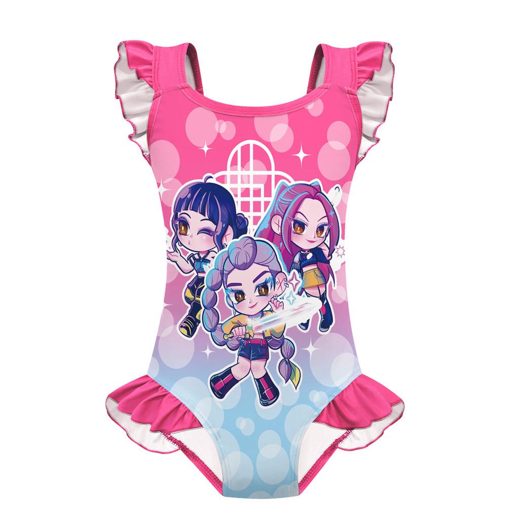 Unique Apparel Kinderen Meisjes Anime Cartoon K-Pop Rumi Zoey Mira Print Ruche Mouwloos Eendelig Badpak Badkleding 140cm