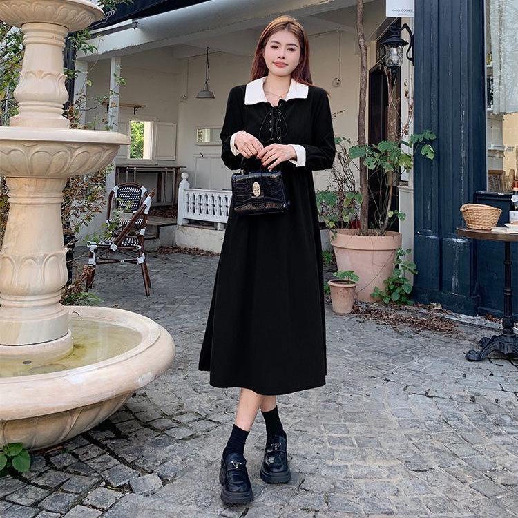 Autumn/Winter 2026 Women's Long-Sleeve Black Dress Set with Korean Style Long Skirt