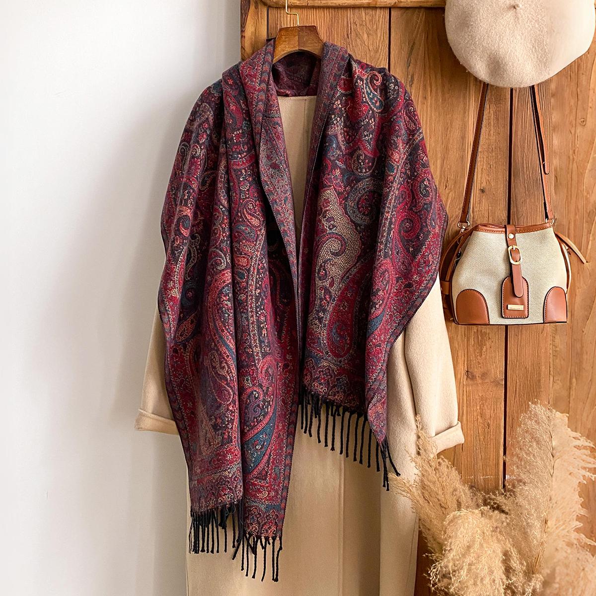 

Rand Fashion Women S Winter Cashmere Shawl - Vintage Floral Printed Tasseled Oil Painting Style Pashmina Thick Wrap & Echarpe