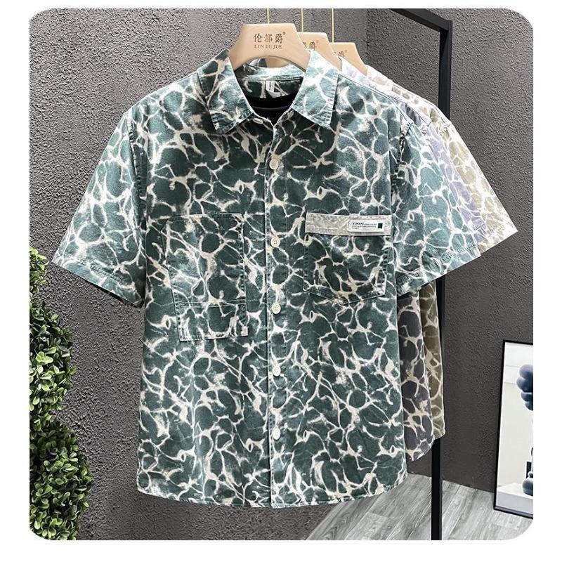Men Water Ripple Print Shirt Short Sleeve Button Down Chest Pocket Casual Streetwear Shirt for Men