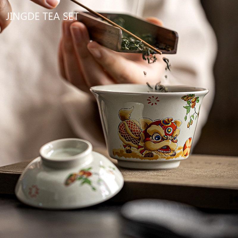 Ceramic Handmade Gaiwan Creative Color Painting Lion Tea Tureen Portable Office Tea Bowl with Cover Teacup Chinese Tea Set